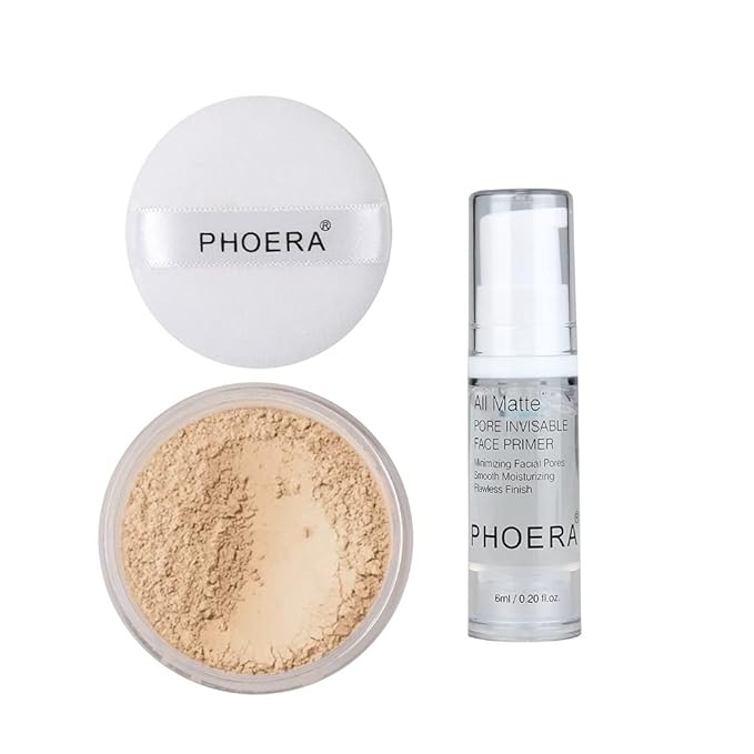 2 Pcs PHOERA Setting Powder and Face Primer, Control Oil Brighten Skin Color Cover Face Setting Loose Powder。 (02 Cool Beige + makeup primer)-GlimoraGlow