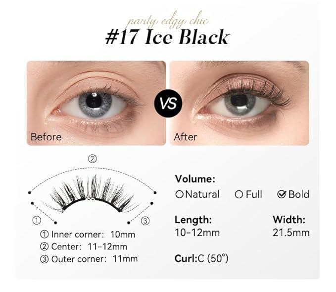 Magnetic Eyelashes with Applicator Kit, No.17 Ice Black, Reusable Magnetic Lashes without Eyeliner, Glue-free False Lashes, Waterproof, Lightweight, Suit for Heavy Makeup-GlimoraGlow