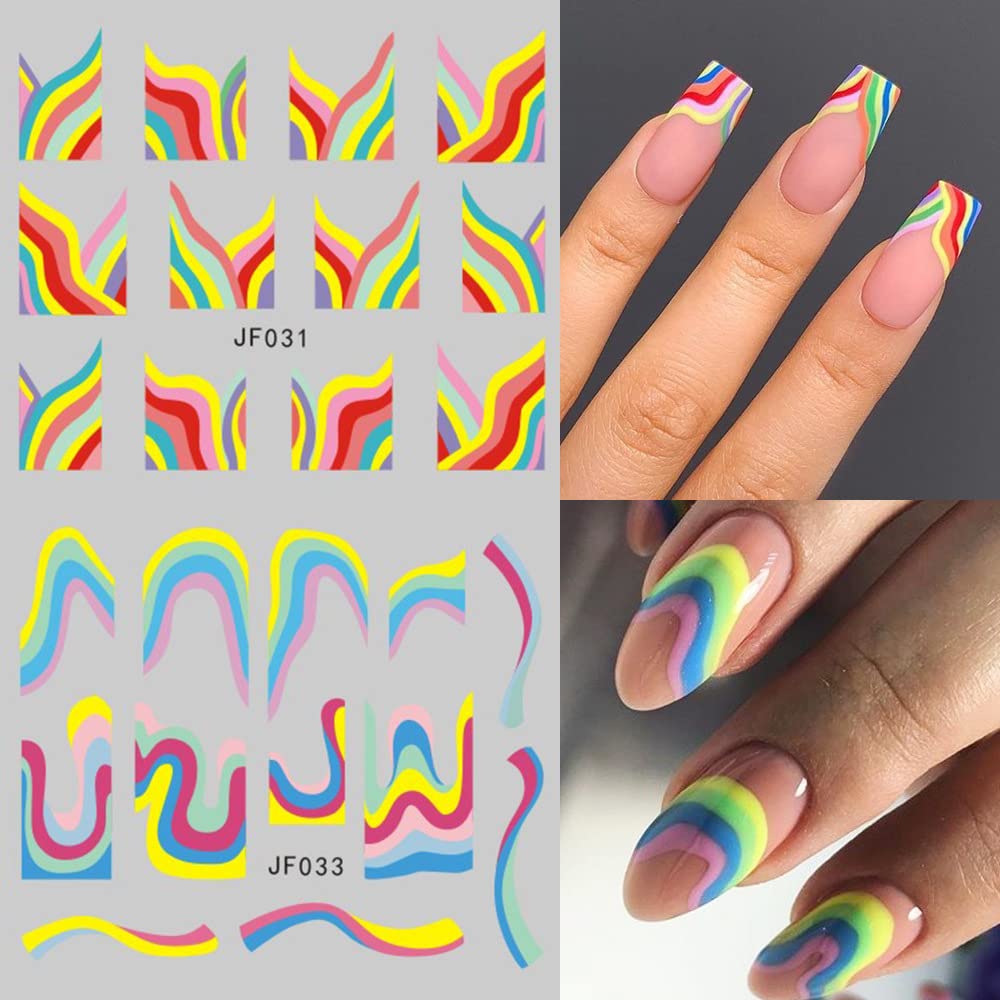 12 Sheets Colorful Stripes Nail Art Stickers Geometric Rainbow Wave Design Water Transfer Nail Decals for Nails Art Abstract French Pattern Acrylic Slider Nail Foils for Women Manicure Nail Decor-GlimoraGlow