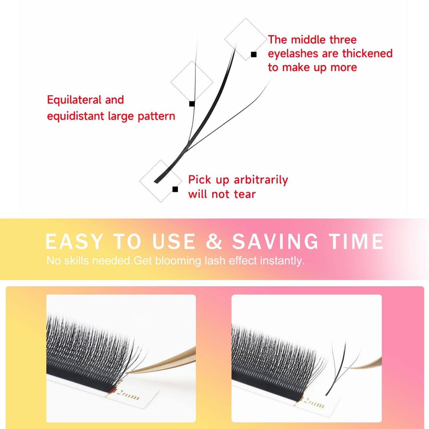 Lash Extensions Three Core Tips 3D Eyelash Extensions W Shape 0.07mm Thickness D Curl 15mm Premade Fans Easy Fan Volume Lashes Matte Black Crisscross(W-3D-Three Core-0.07-D,15mm)-GlimoraGlow