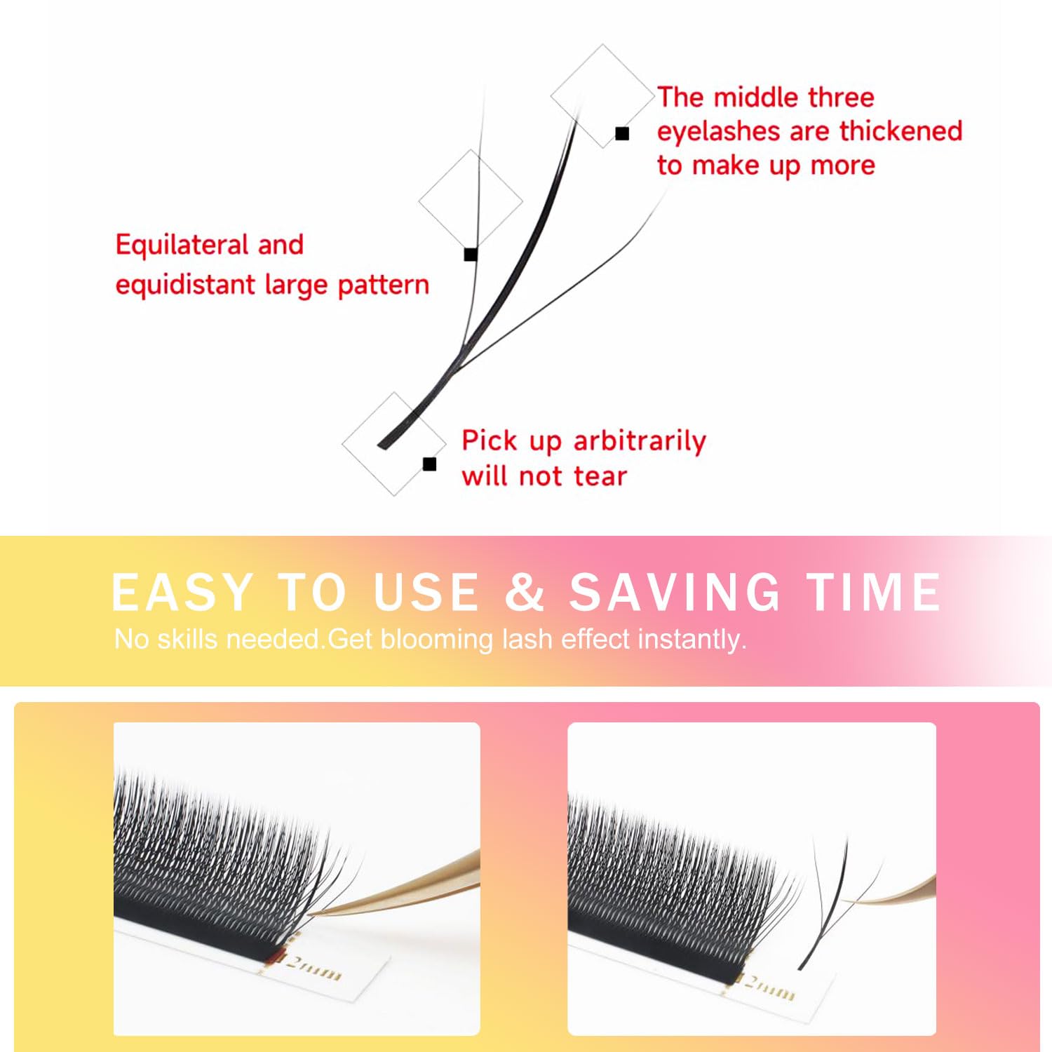 Lash Extensions Three Core Tips 3D Eyelash Extensions W Shape 0.07mm Thickness C Curl Mix 8-15mm Premade Fans Easy Fan Volume Lashes Matte Black Crisscross(W-3D-Three Core-0.07-C,8-15mm Mix)-GlimoraGlow