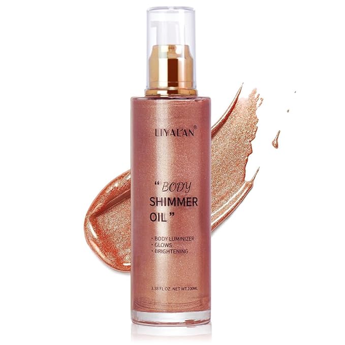Liyalan Shimmer Body Oil Rose Gold 5 Color Bronze Face Glow Pearl Highlighter Illuminator body Makeup Shine Glitter Gold Liquid Taning 3.38 Fl Oz-GlimoraGlow