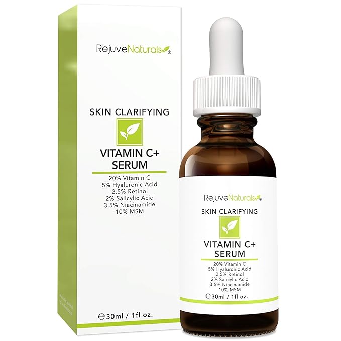 Vitamin C Serum Plus 5% Hyaluronic Acid, 2.5% Retinol, 2% Salicylic Acid, 3.5% Niacinamide, 10% MSM, 20% Vitamin C - Anti Aging Anti Wrinkle Skin Clearing Serum Organic Skin Care for Face and Eyes 1oz-GlimoraGlow