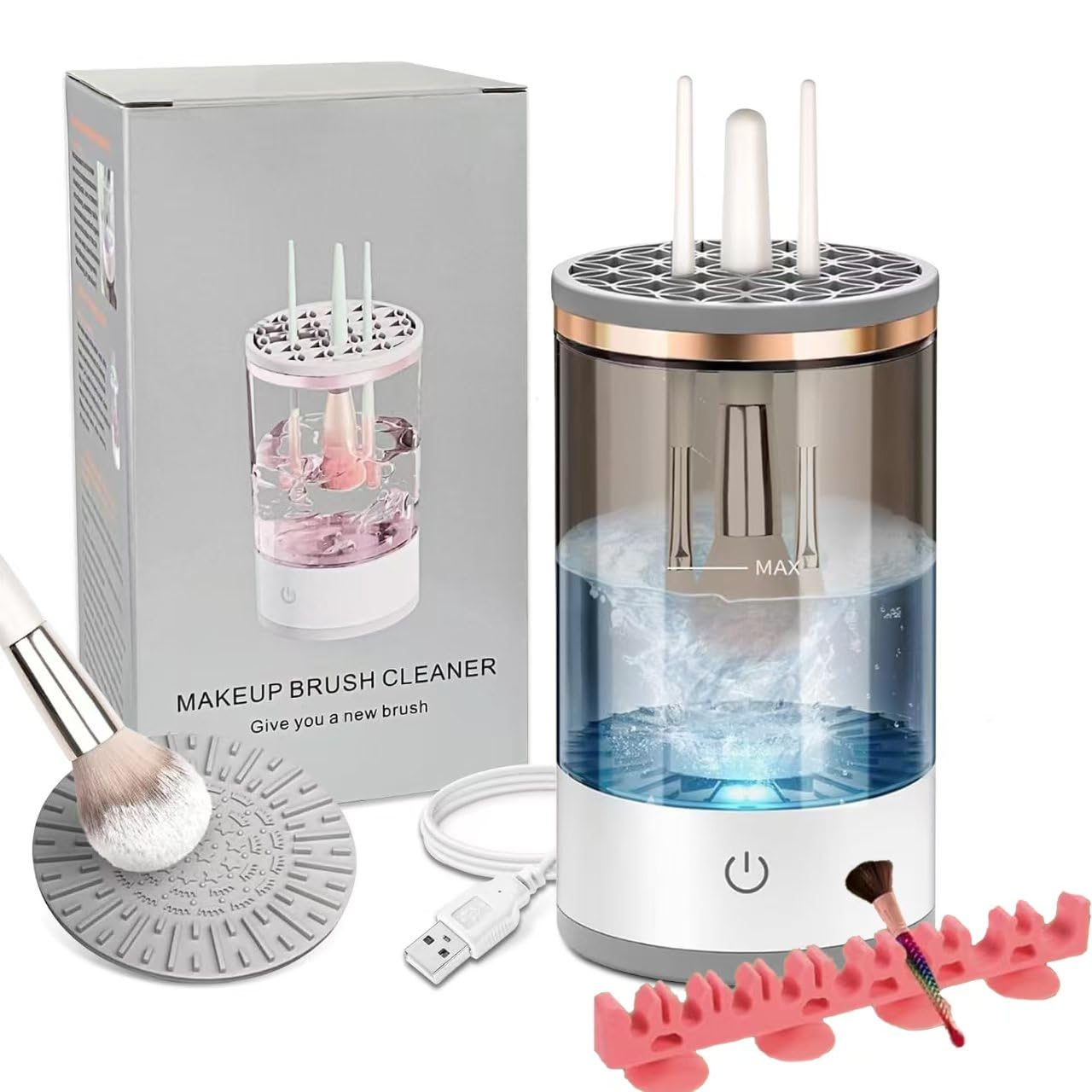 Makeup Brush Cleaner Machine, Portable Electric Makeup Brush Cleaner, Efficient Deep Cleaning Makeup Brushes, Automatic Spinning Make Up Brush Cleaner Fit for All Size Cosmetic Brush (Grey)-GlimoraGlow