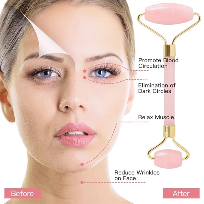 Jade Roller,Rose Quartz Roller for Face,Jade Skincare Tool,Jade Facial Roller,Eye Roller Anti Aging Jade Massager Roller Slimming Healing Chakra Tool A-Rose Quartz (Golden)-GlimoraGlow