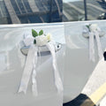 4PCS Wedding Car Door Handle Decorative Flowers, White Artificial Cars Bouquet Flower Bowknot Ribbon Decor, Just Married Automotive Decorations Accessories for Door Handles