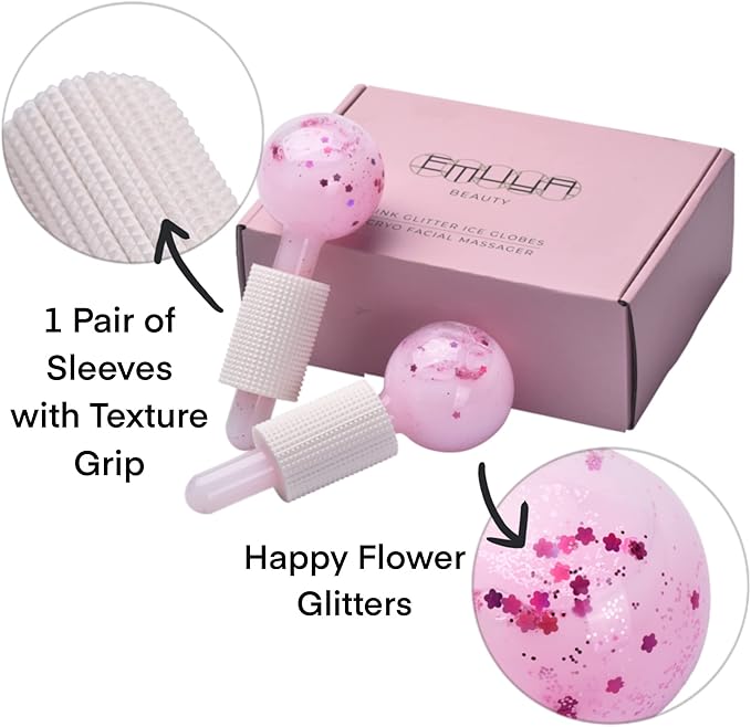 Ice Globes for Facials – Facial Tools for Face & Eye Puffiness Relief, Cool Skincare Cryo Tools - Pink Drink Glitter-GlimoraGlow