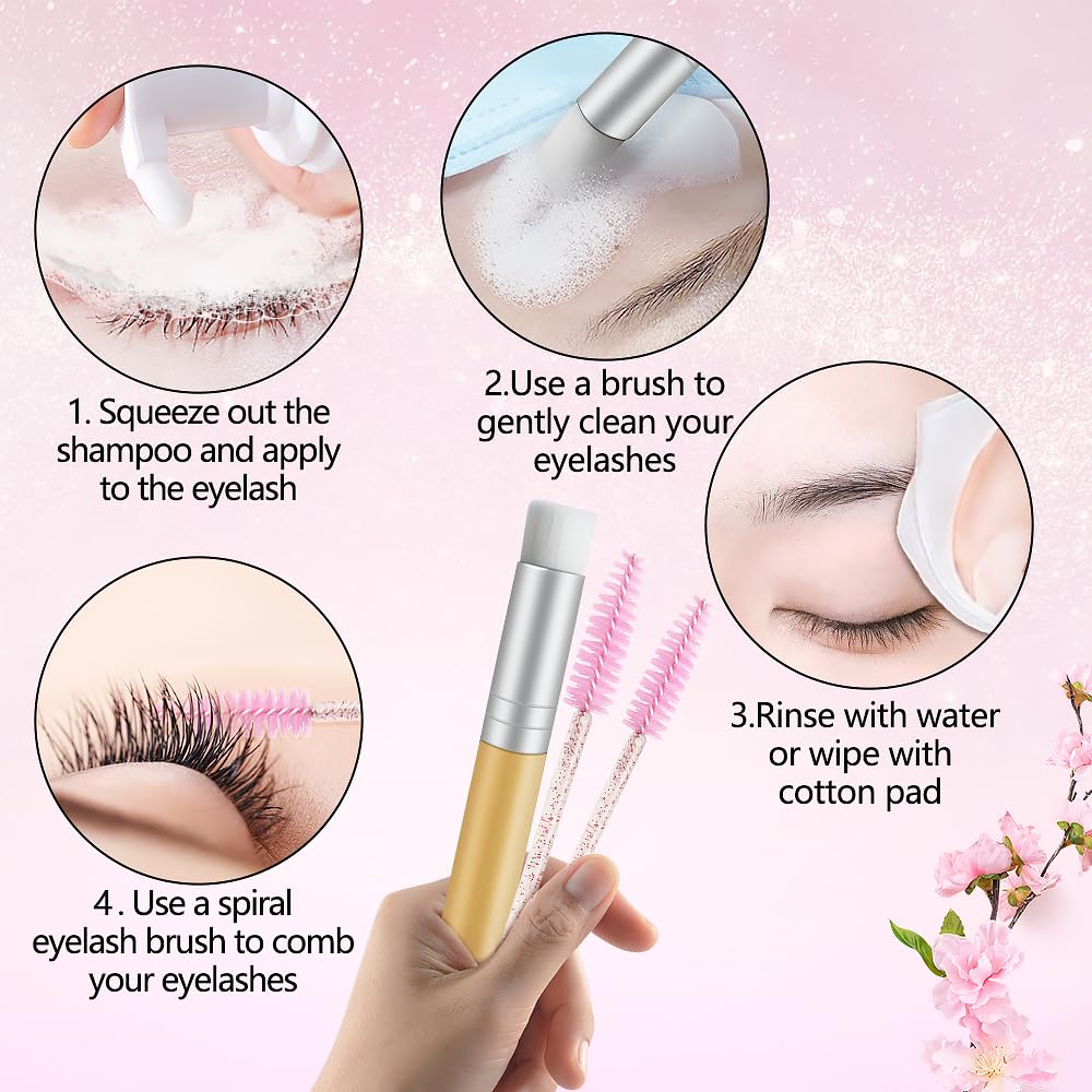 Lash Shampoo Kit Eyelash Extension Cleanser, Eyelash Shampoo for Lash Extensions, Lash Cleaner Eyelid Foam Cleaning Kit for Salon Home Use (Peach)-GlimoraGlow