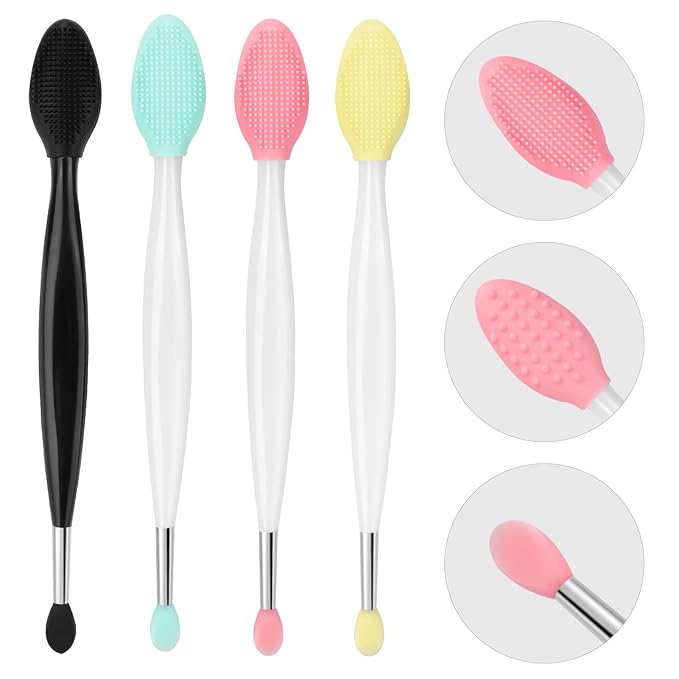 Unaone Lip Scrub Brush - 4 PCS Dual-ended Lip Scrubber Exfoliator and Silicone Lip Brush, 2-in-1 Silicone Lip Scrub Tool Lip Mask Applicator, Gentle Exfoliator & Applicator for Soft-GlimoraGlow