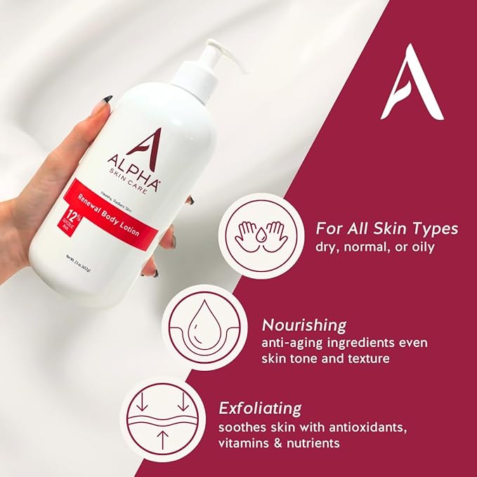 Alpha Skin Care Revitalizing Body Lotion, 12% Glycolic AHA, Simple & Effective Daily Moisturizer Hydroxy Acid, Hydrates & Exfoliates for Soft, Smooth Skin, Anti-Aging, 23 Oz-GlimoraGlow