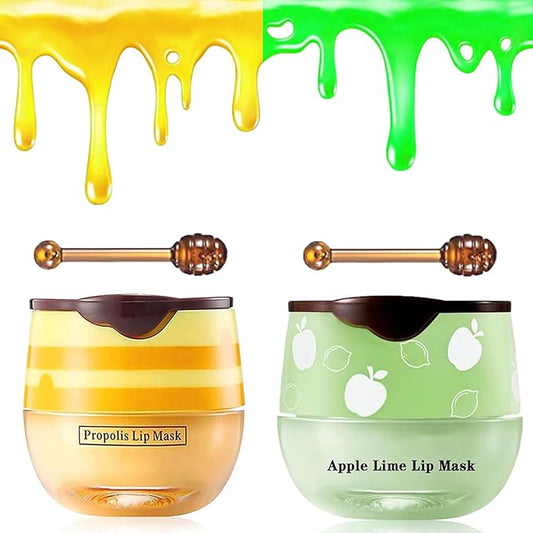 2 PCS Bee Lip Balm Honey Pot, Honey & Apple Lime Sleeping Lip Mask Overnight, Hydrating Prevention Dry and Cracked Lip Scrub, Reduces Lip Lines, Brightening Lip Color-GlimoraGlow