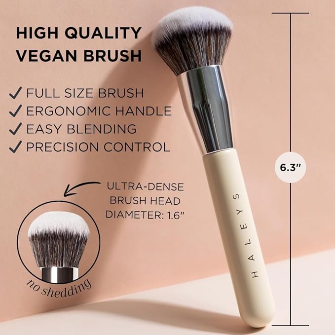 HALEYS Kabuki Makeup Brush + GWP Skin Tint Mini, VEGAN+CRUELTY-FREE, Sustainable Wood, Vegan Bristles for Airbrushed Finish, For Creams, Liquids, Powder, Streak-free, Perfect Blending, Buffs, Blurs-GlimoraGlow