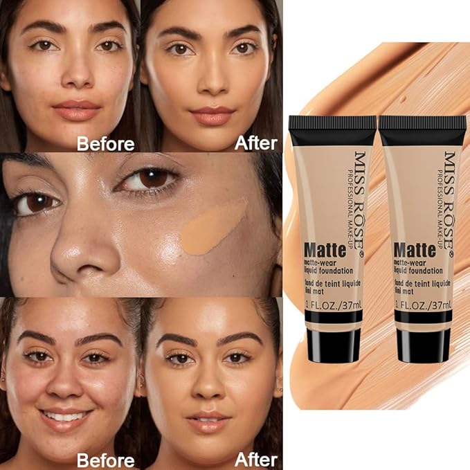 2 Pack Liquid Foundation Cream for Face Makeup,Durable Full Coverage Matte Concealer Make Up,Oil Control & Waterproof Base Primer -1+1 Fl.Oz (BEIGE 7#)-GlimoraGlow