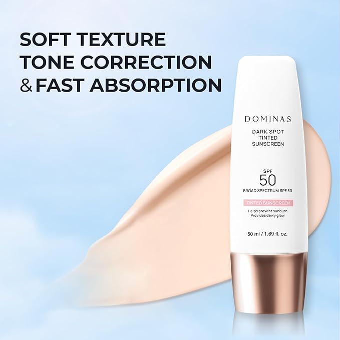 SPF 50 DOMINAS Tinted Sunscreen Moisturizer (1.7fl oz) - Tone Correction, Korean Skin Care, Broad-Spectrum UV Defense Sunblock, Water-in-Oil Formula for Lightweight, Panthenol, Sun Cream-GlimoraGlow