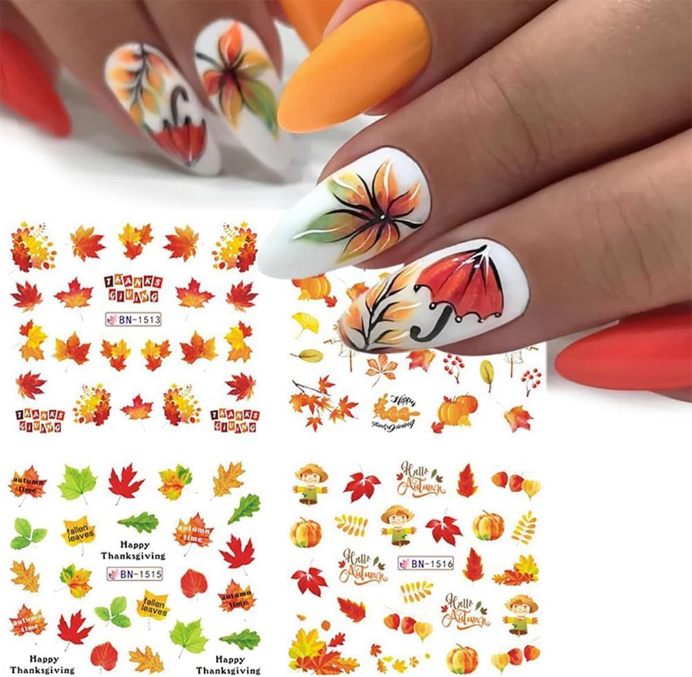 12 Sheets Fall Maple Leaf Nail Art Stickers Autumn Water Transfer Nail Decals Thanksgiving Day Nail Art Supplies Turkey Pumpkin Leaves Scarecrow Nail Design Slider Stickers for Women Nail Decorations-GlimoraGlow