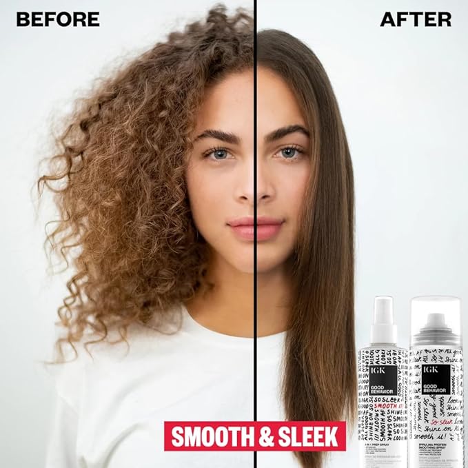 IGK GOOD BEHAVIOR Smoothing Frizz Fighters Set | 4-in-1 Prep Spray + Spirulina Protein Smoothing Spray | Frizz Control + Heat Protectant | Vegan + Cruelty Free-GlimoraGlow
