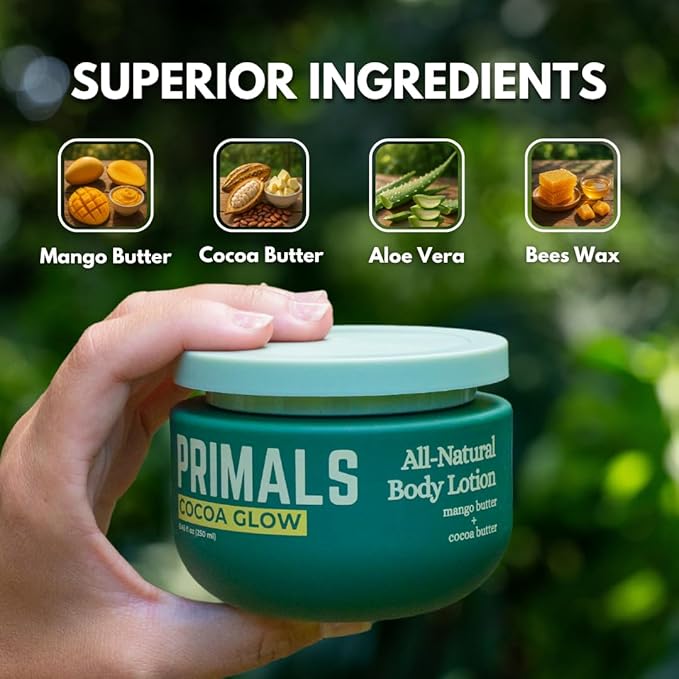 PRIMALS All Natural Body Lotion - Cocoa Butter & Mango Butter - 100% Naturally Derived Ingredients - Alcohol Free, Artificial Fragrance Free, Paraben Free, Petroleum Derivative Free - 8.45 oz-GlimoraGlow