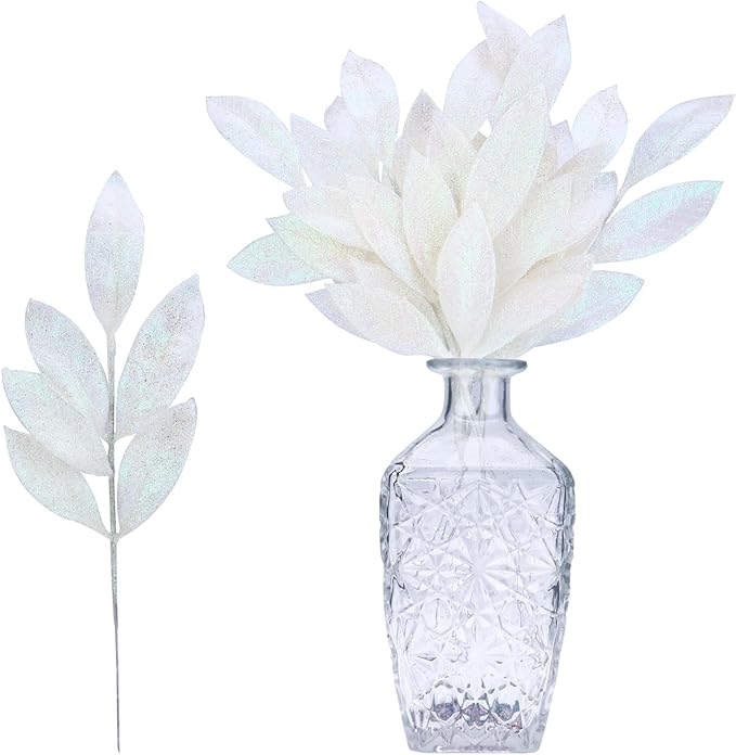 GREENTIME 12 Pack Artificial White Glitter Leaves 13" Fake Christmas Picks Decorative Glitter Sticks for Vase Christmas Tree DIY Wreath Crafts Fireplace Decor