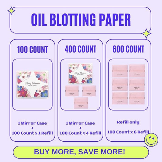 [100 Counts + Mirror Case] Cherry Blossom Natural Oil Blotting Paper for Face Korean with Mirror Case-GlimoraGlow