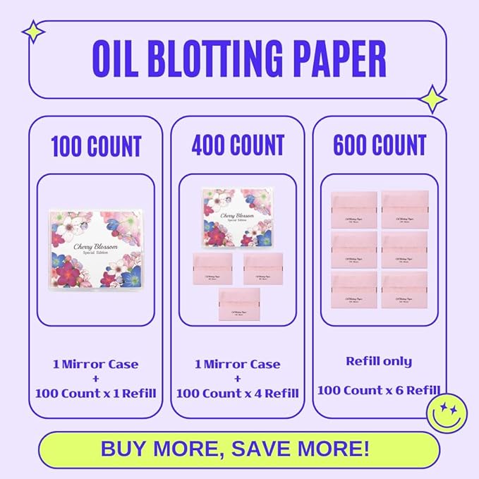 [600 Counts Refills Only] Cherry Blossom Natural Oil Blotting Sheets for Face with Mirror Case and Refills-GlimoraGlow