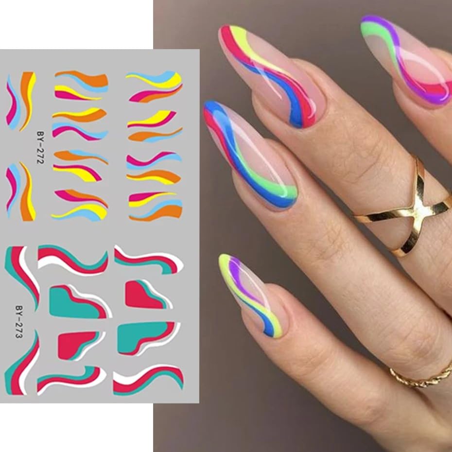 12 Sheets Colorful Stripes Nail Art Stickers Geometric Rainbow Wave Design Water Transfer Nail Decals for Nails Art Abstract French Pattern Acrylic Slider Nail Foils for Women Manicure Nail Decor-GlimoraGlow