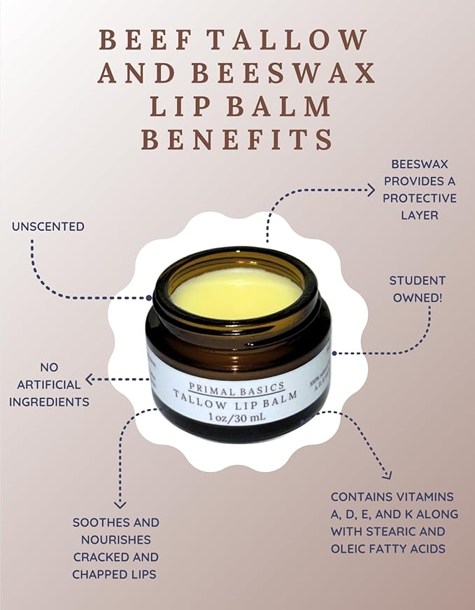 100% Grass Fed Grass Finished Beef Tallow and Beeswax Lip Balm, Face Moisturizer, Body Balm, for Oily, Dry, Sensitive Skin, USA Made-GlimoraGlow