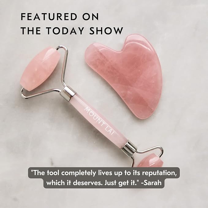 Mount Lai Rose Quartz Gua Sha Facial Tools, Pink Quartz Gua Sha Facial Tools Set and Roller, Guasha Tool for Face to Relieve Muscle Tension and Reduce Puffiness, Anti Aging Skin Care Sets for Women-GlimoraGlow