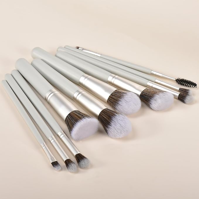 10 Piece Makeup Brushes - Grayish Green Wooden Handle with Soft Synthetic Bristles,for Face & Eye Makeup|Professional Makeup Brushes set for Women & Girls|-GlimoraGlow