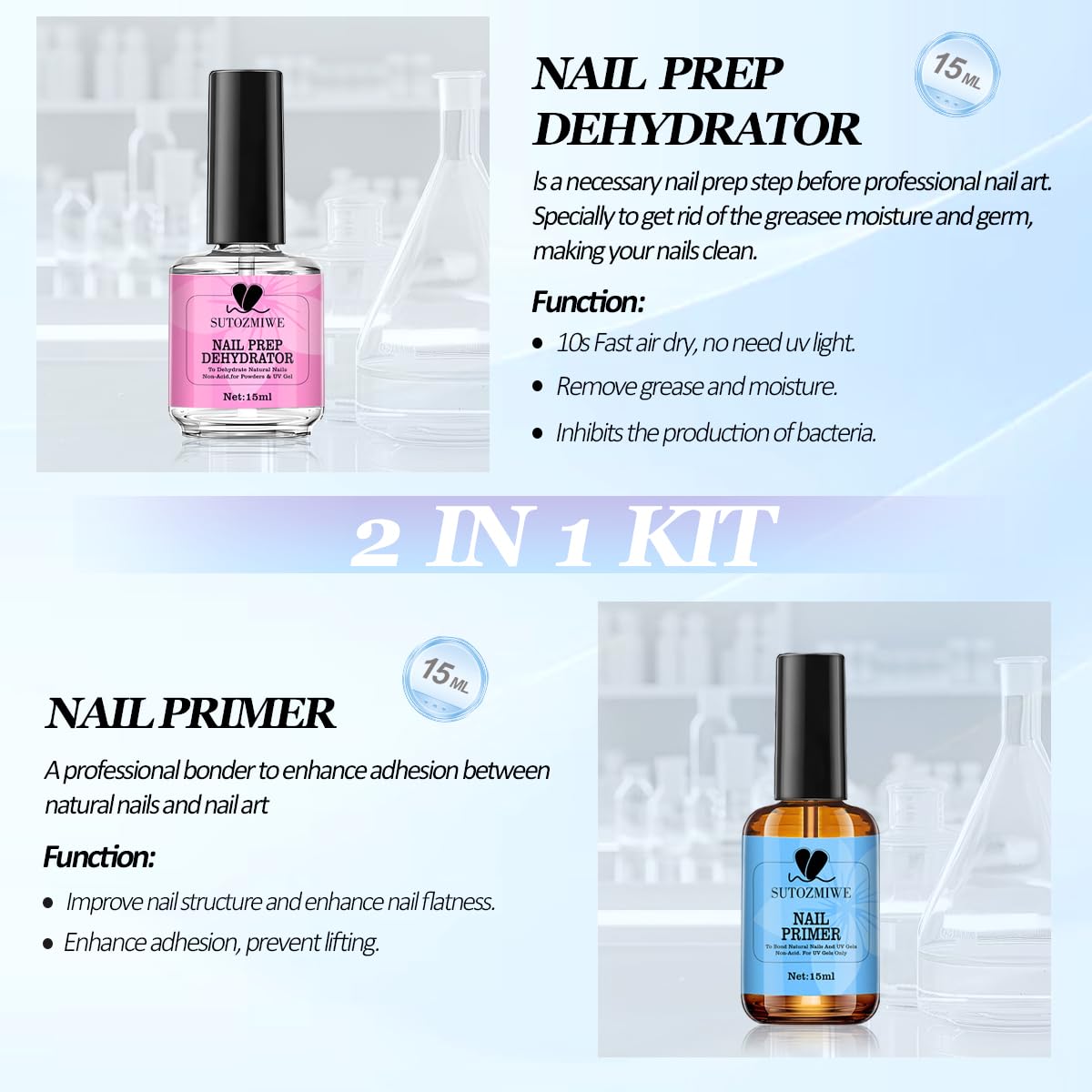 15 ml Nail Dehydrator and Primer Set, Acid Free Natural Prep Dehydrate & Bond Primer, Professional Nail Prep Kit for Acrylic Nails Gel Polish Manicure Nails Supplies Fast Dry-GlimoraGlow