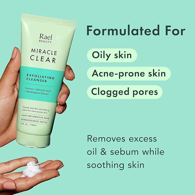Rael Miracle Clear Face Wash – Gentle Exfoliating Cleanser with Succinic Acid & Minerals, Hydrating Formula for Daily Use, Ideal for Acne-Prone, Dry, Sensitive & Oily Skin, Vegan (5 fl oz)-GlimoraGlow