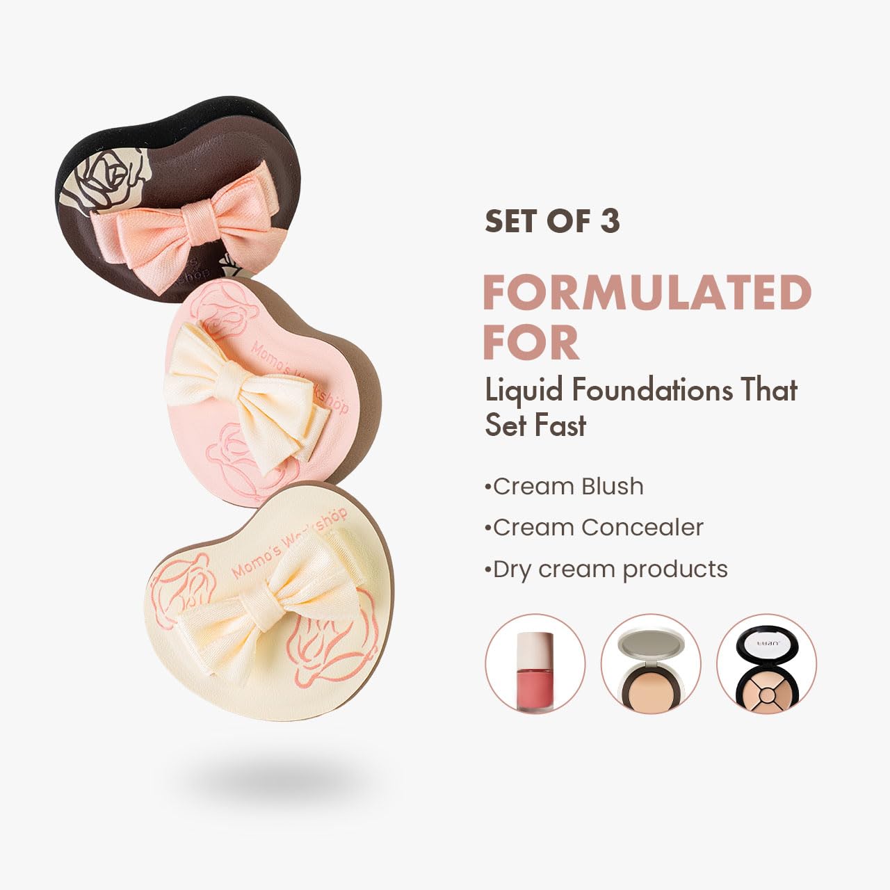 Heart-Shaped Makeup Sponge,Firm Bounce Rubycell, Foundation Sponge with Bow Tie Strap, for Precision Blending of Concealer/Cream Products, 3-Colors,Travel Friendly & Reusable & Storage Case-GlimoraGlow