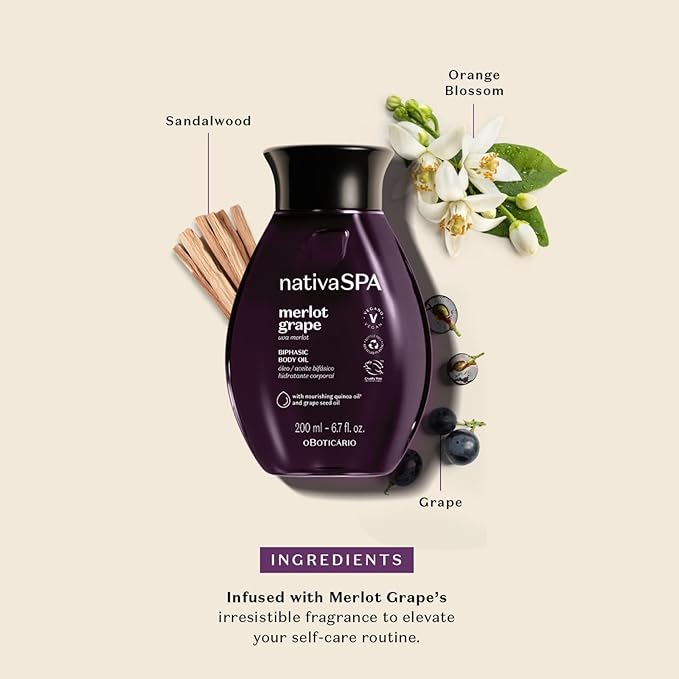 Nativa SPA by O Boticário Merlot Grape Biphase Body Oil, with Quinoa & Grapeseed Oils, Silky Glow with Hydration, 6.7 Ounce (200ml)-GlimoraGlow