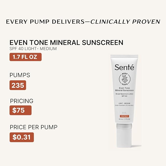 Senté Even Tone Mineral Sunscreen Tinted | SPF 40 Light-Medium | Hydrating, Lightweight Sun Protection Treatment for Redness & Discoloration | UVA/UVB & Blue Light Defense | 1.7 oz-GlimoraGlow