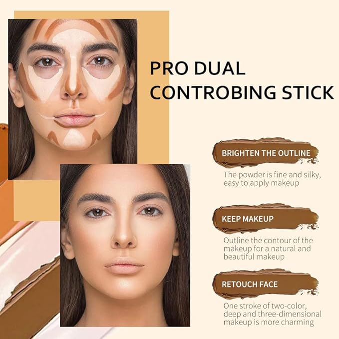 2 Colors Cream Contour Sticks Makeup Kit, Primer Face Highlighter Contouring for Beginners, Highlight and Contour Kit, Cream Concealer Makeup Blur Stick, Primer Face Corrector 1#-GlimoraGlow