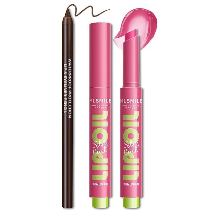 2 in 1 Solid Click Lip Gloss Pen With Brown Lip Liner Set Moisturizing Long Lasting Light Pink High Glossy Jelly Tinted Lip Balm Juicy Buildable Lip Plumper Makeup for Women-GlimoraGlow
