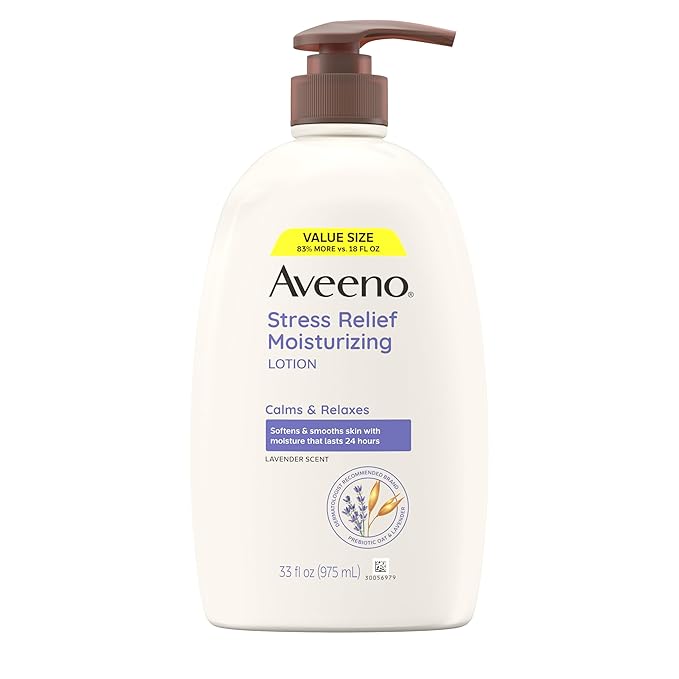 Aveeno Stress Relief Moisturizing Body Lotion 33 Fl Oz, Lavender Scent with Prebiotic Oat, Hydrating 24-Hour Moisturizer Non-Greasy for Dry Sensitive Skin, Paraben & Dye Free, Calming & Relaxing-GlimoraGlow