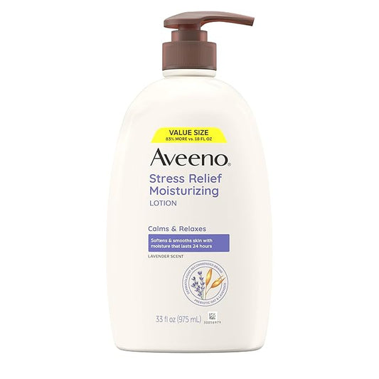 Aveeno Stress Relief Moisturizing Body Lotion 33 Fl Oz, Lavender Scent with Prebiotic Oat, Hydrating 24-Hour Moisturizer Non-Greasy for Dry Sensitive Skin, Paraben & Dye Free, Calming & Relaxing-GlimoraGlow