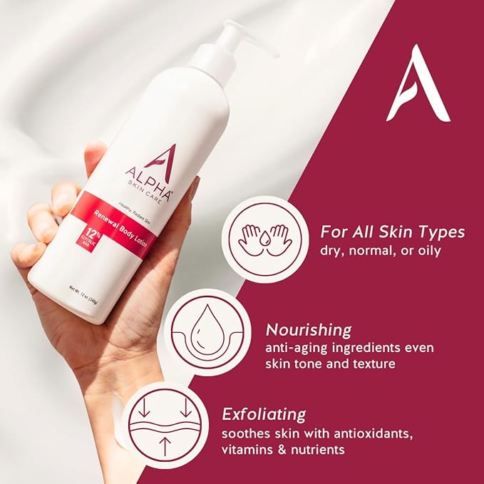 Alpha Skin Care Revitalizing Body Lotion, 12% Glycolic AHA, Simple & Effective Daily Moisturizer Hydroxy Acid, Hydrates & Exfoliates for Soft, Smooth Skin, Anti-Aging, 12 Oz, Pack of 2-GlimoraGlow