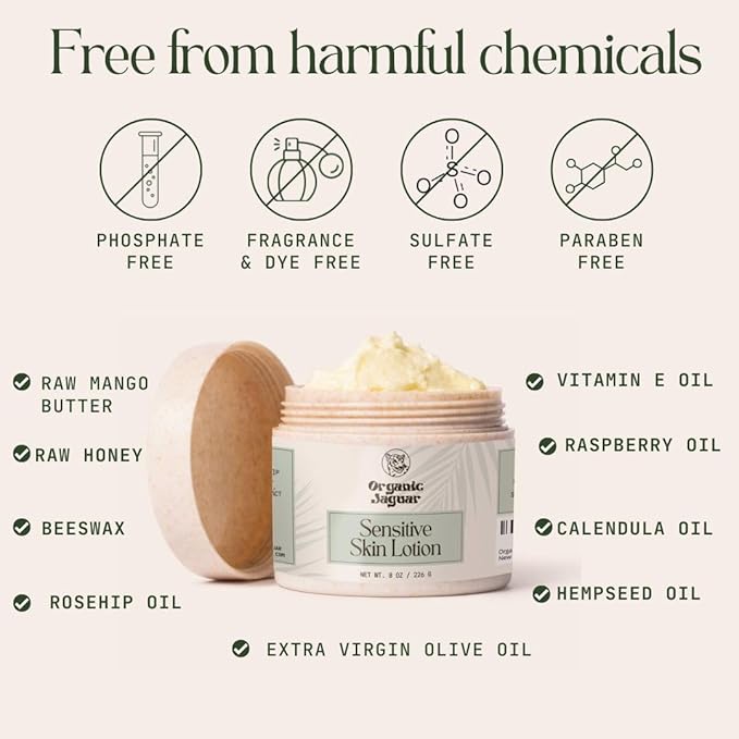 Natural Body Lotion for Sensitive Skin, Scent Free, Sulfate & Paraben Free Body Care, Moisturizer With Essential Oils, Vitamin E Oil, Beeswax, Extra Virgin Olive Oil, Raw Honey, 8 oz-GlimoraGlow