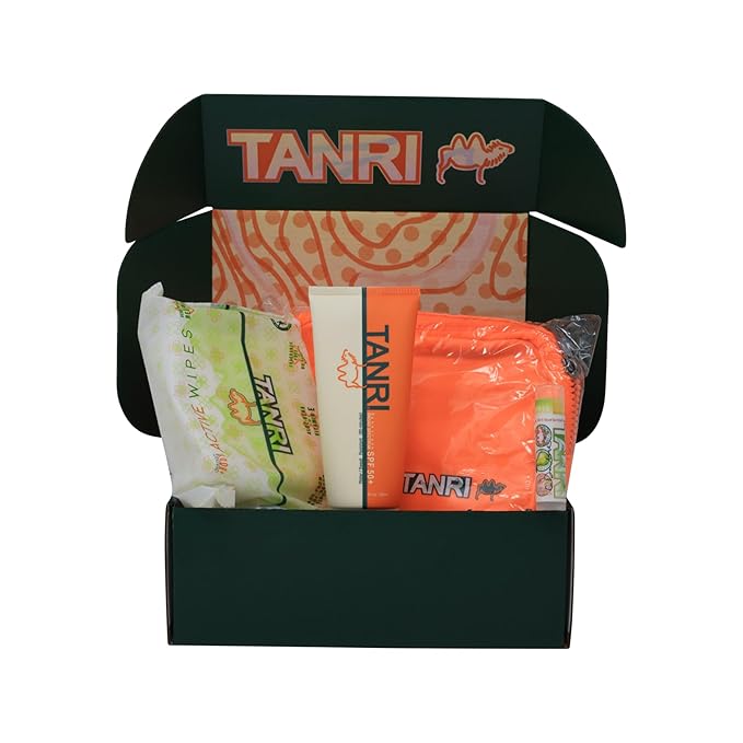 TANRI Primo Explorer Pack; Includes SPF50+ Sunscreen Lotion with Zero White Cast, Active Wipes No-Rinse Body Wipes, Moisturizing SPF15 Pear Lip Balm and an Adjustable Fanny Pack (4-Pack Bundle)-GlimoraGlow