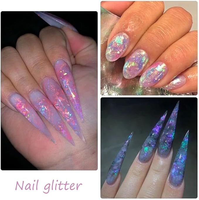 12 Colors Holographic Nail Art Glitter Sequins Aurora Holographic Mermaid Nail Glitter Flash Ice Residue Nail Glitter Sequin Chameleon Flakes Set Fluorescent Glass Paper for Face Body DIY Decoration-GlimoraGlow