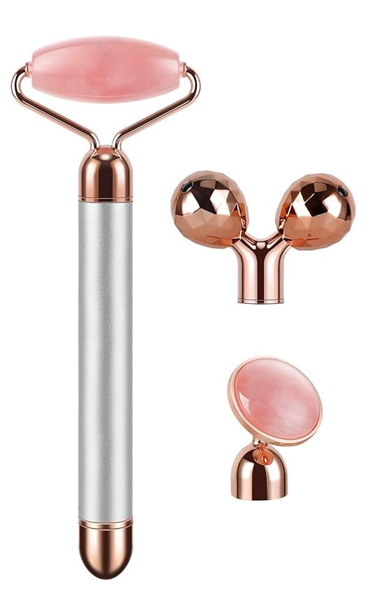 DANGSHAN 3-in-1 Electric Jade Roller 3D Roller Facial Roller & Face Massager, Rose Quartz-GlimoraGlow