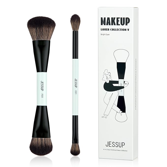 Jessup Makeup Brushes 2pcs Double Sided Foundation Brush Contour Brush Dual Ended Eye Blending Brush, Multi-functional Cosmetic Brush Bright Cyan T502-GlimoraGlow