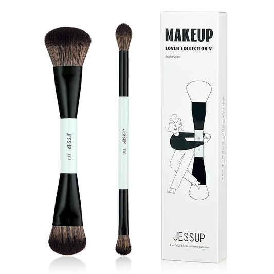 Jessup Makeup Brushes 2pcs Double Sided Foundation Brush Contour Brush Dual Ended Eye Blending Brush, Multi-functional Cosmetic Brush Bright Cyan T502-GlimoraGlow