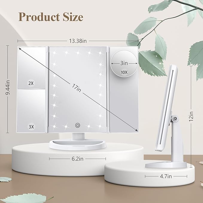 HUONUL Makeup Mirror Vanity Mirror with Lights, 2X, 3X, 10X Magnification, Touch Control, Trifold, White, 9.4" L x 13.4" W, Modern Style, Dresser Mount, Bathroom-GlimoraGlow
