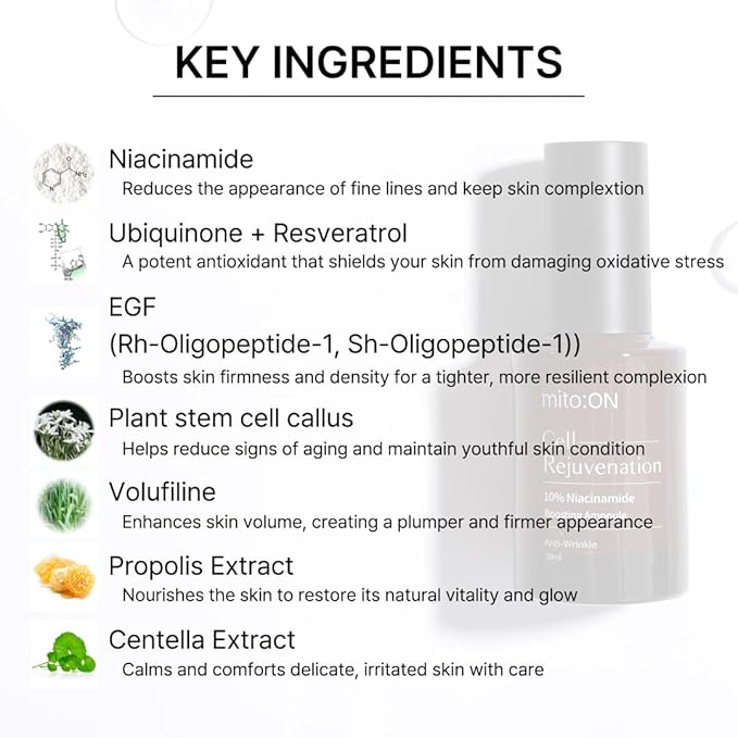 Mito-on Cell Rejuvenation Anti-Aging Serum, 30ml / 1.01 fl.oz –10% Niacinamide, Vitamin B3 and Antioxidants, Centella + EGF for Anti-Aging, Wrinkle Reduction, Pore minimization, Korean Skin Care-GlimoraGlow