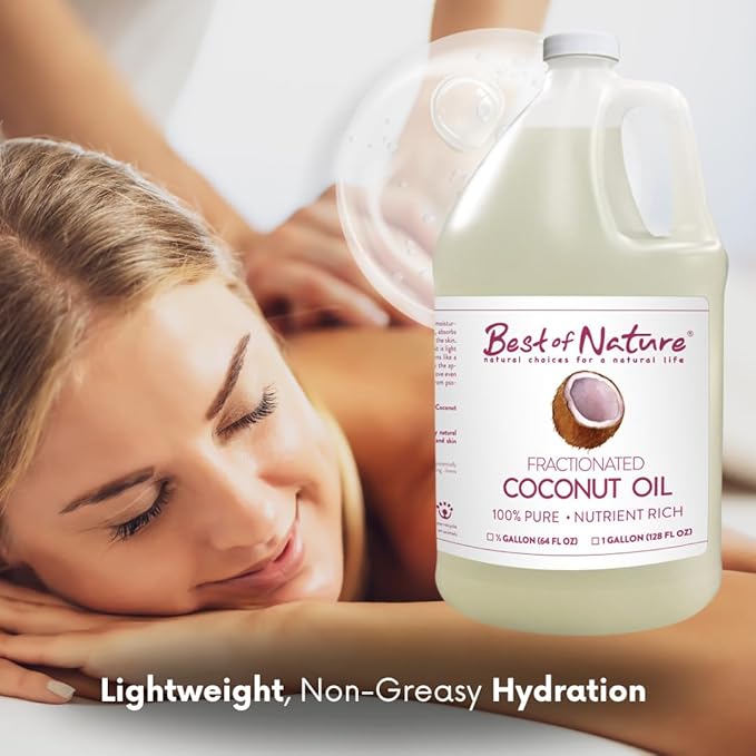 Best of Nature 100% Pure Fractionated Coconut Oil - Liquid MCT Massage & Body Oil, Unscented Moisturizer for Hair, Skin, Face, Aromatherapy Carrier for Essential Oils, Half Gallon (64 fl oz)-GlimoraGlow