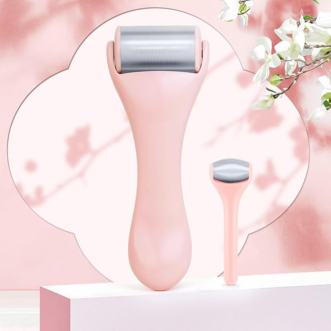 Ice Roller for Face and Eye 2 Pcs,Face Roller Skin Care for Puffiness,Migraine,Pain Relief,Eye Roller For Puffy Eyes Dark Circles,Stainless Steel Facial Roller (Pink)-GlimoraGlow