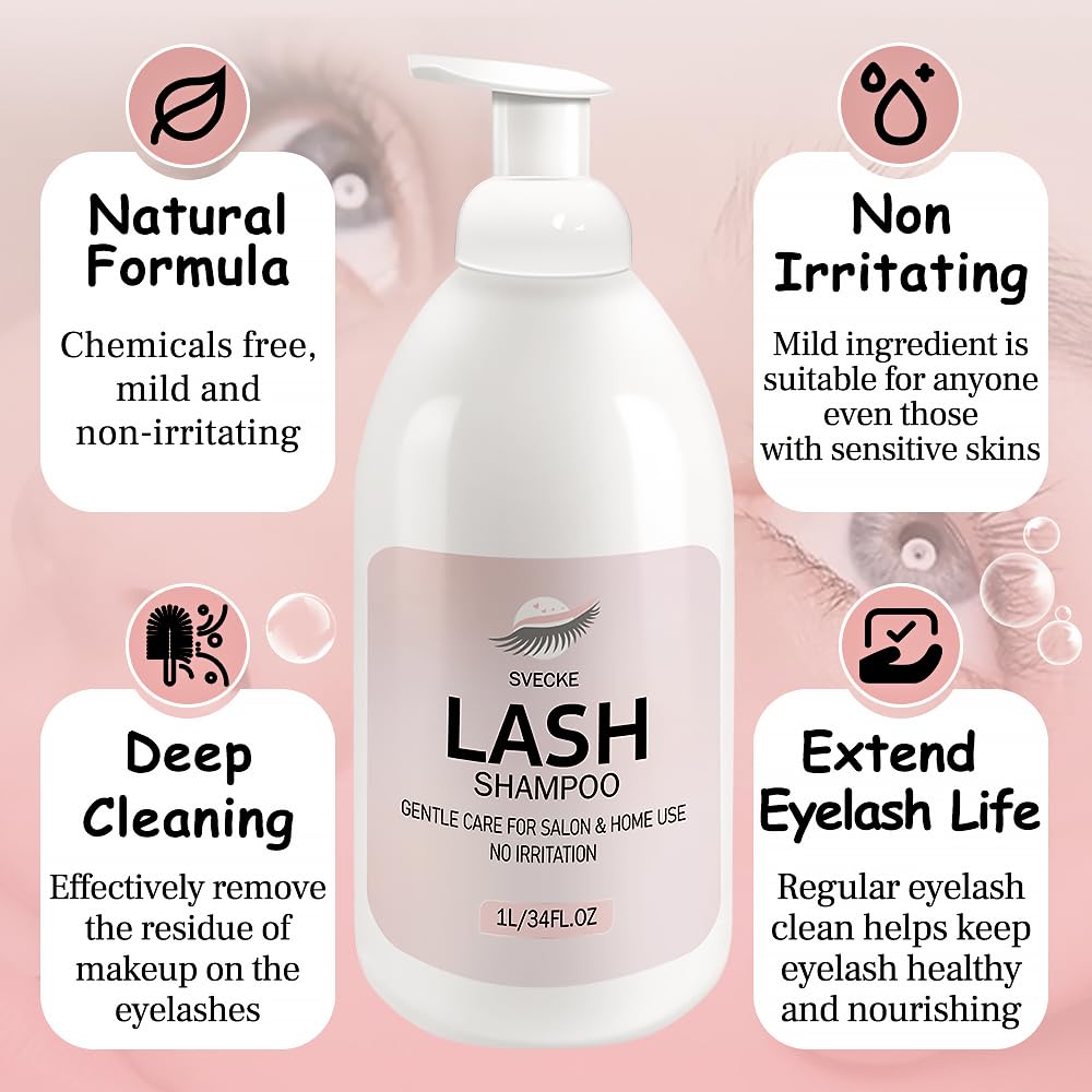 Lash Shampoo 34fl.oz/1L, Eyelash Shampoo for Lash Extension, Eyelash Extension Cleanser, Lash Eyelid Foam Cleaning Kit for Salon Use and Home Use-GlimoraGlow