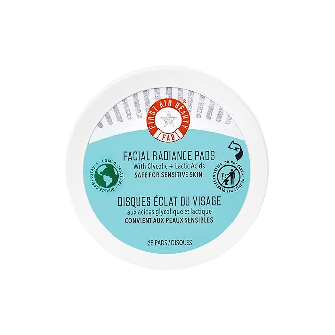 First Aid Beauty - Facial Radiance Pads with Gycloic & Lactic Acids – Daily Exfoliating Pads with AHA that Help Tone & Brighten Skin – Makeup Routine Prep - Compostable for Daily Use – 28 Count-GlimoraGlow